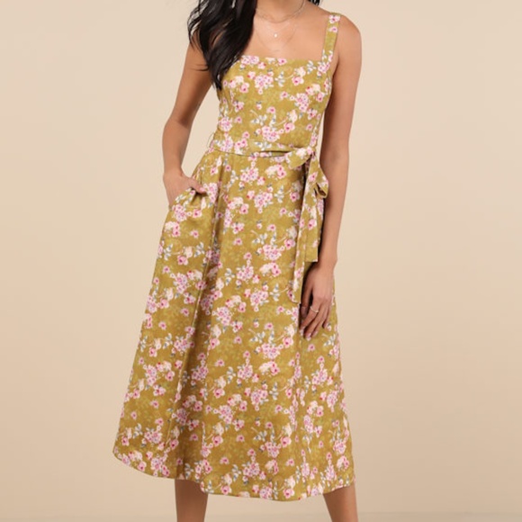 Lulus Sunny Posture Chartreuse Floral Sleeveless Midi Dress Green - Size M - Picture 1 of 4